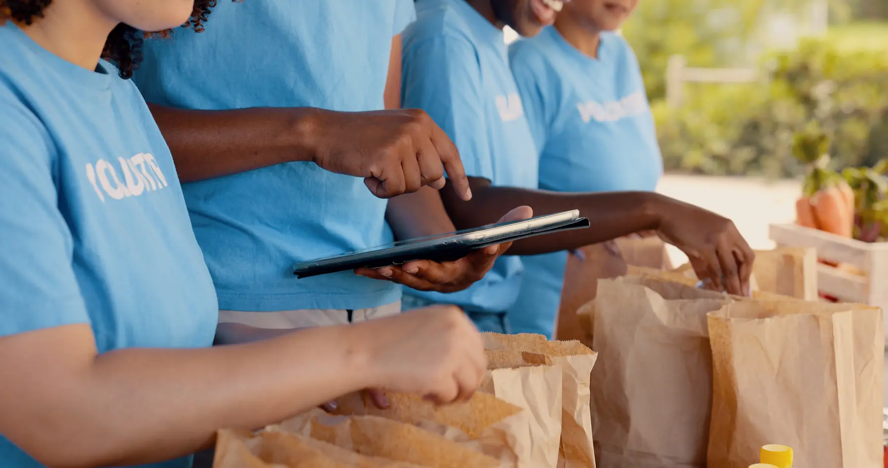 Volunteers organizing donated food