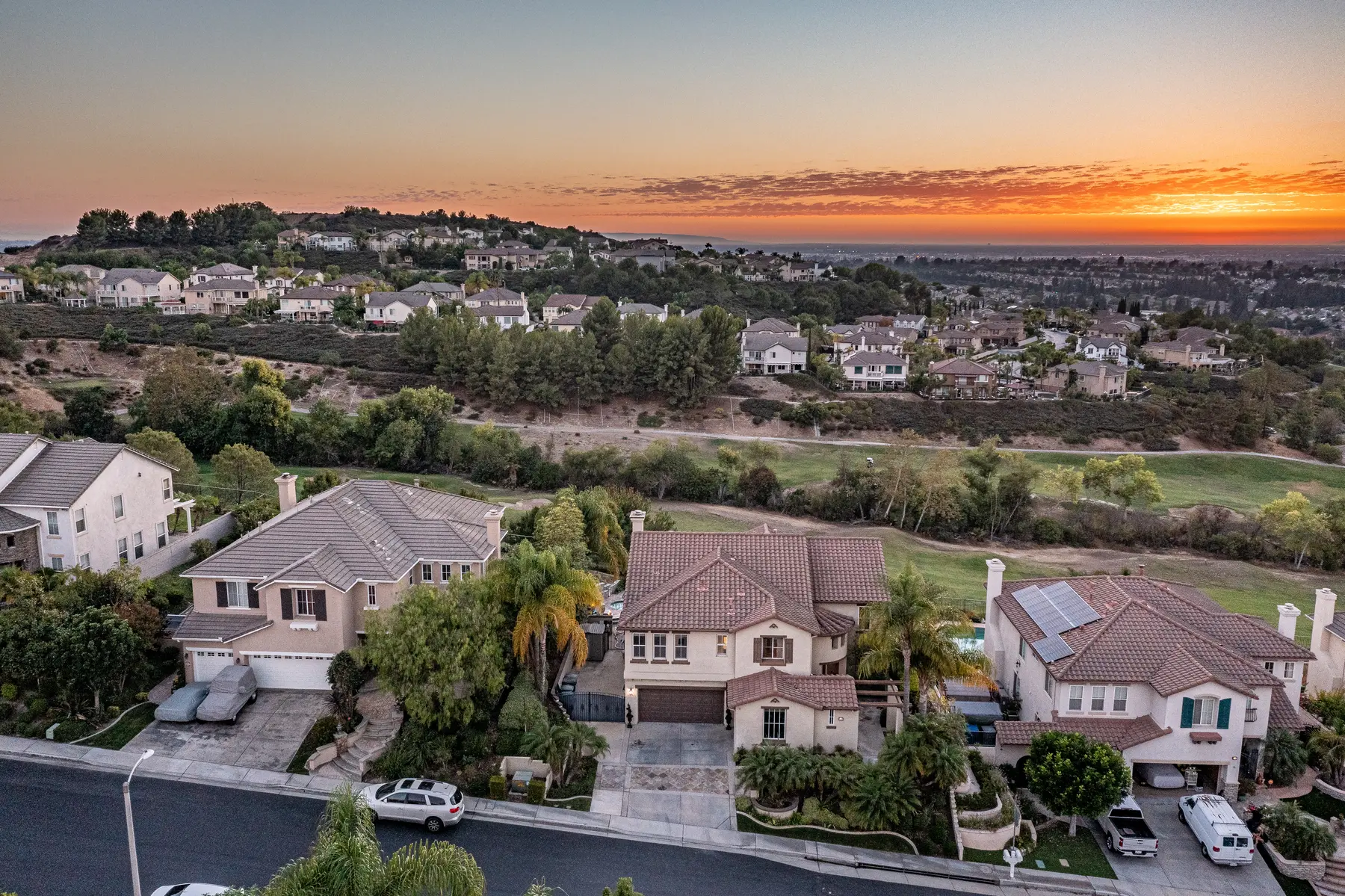 Residential neighborhood at sunset
